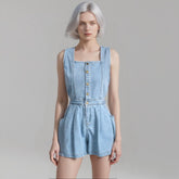 Hot Girl Strap Denim Jumpsuit Women's Back Slit Single-breasted High Waist Wide Leg Pants - kinko